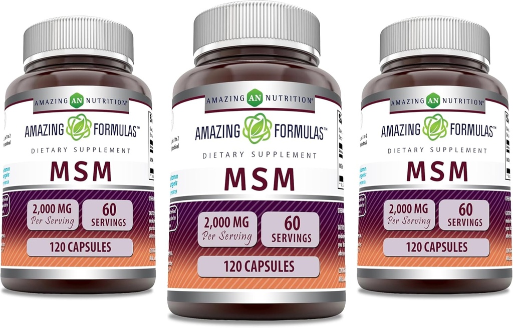 Formules étonnantes MSM (Methylsulfonylméthane) Supplément $ 2000 Mg par portion $ Capsules $ Non-GMO $ Sans gluten $ Fabriqué aux États-Unis (3 Pack, 120 Compte)
