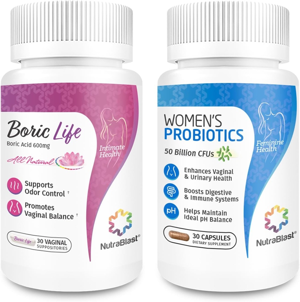 NutraBlast Boric Acid Vaginal Suppositories Bundle with Vaginal Probiotics | Supports Odor Control | Digestive, UT & Intimate Health | Promotes Healthy Intimate Balance (30 Count)