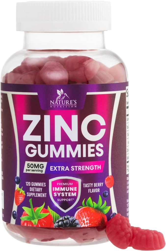 Gommies de zinc 50mg - Skin osseuse et immunosupport Santé Gummy & Premium Antioxydants Chewable pour les adultes - High Absorption Vegan, Suppléments de zinc sans gluten Vitamine - Tasty Berry Flavor - 120 Gommies