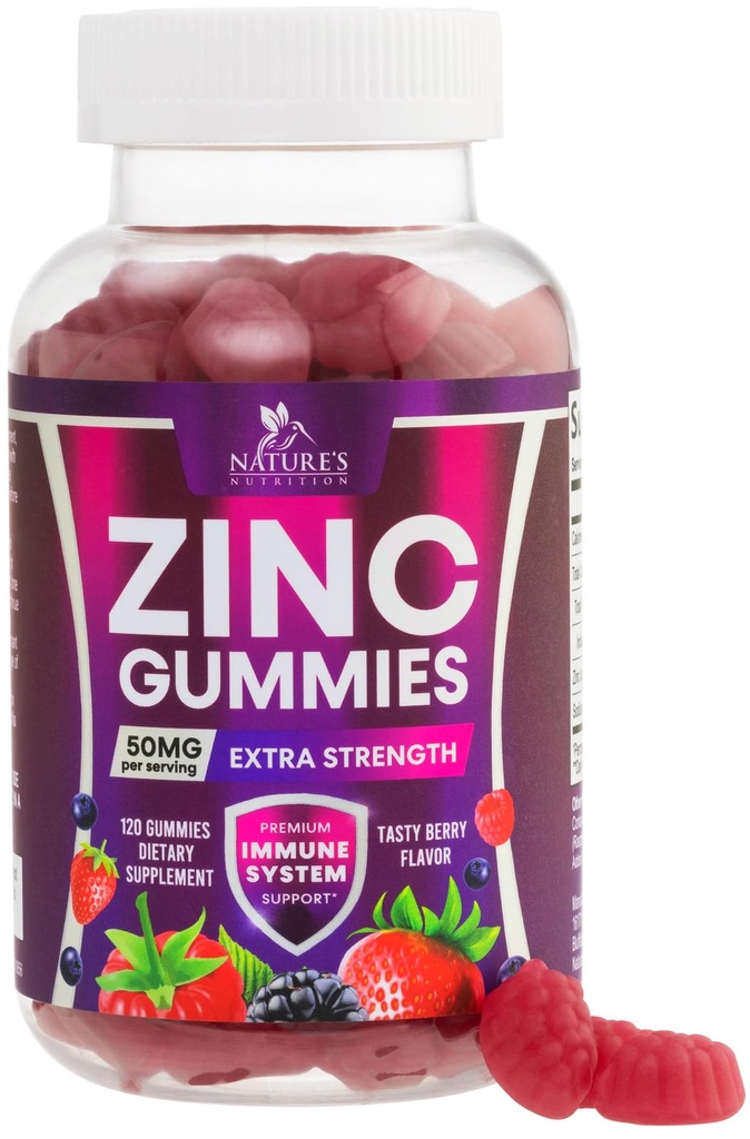 Gommies de zinc 50mg - Skin osseuse et immunosupport Santé Gummy & Premium Antioxydants Chewable pour les adultes - High Absorption Vegan, Suppléments de zinc sans gluten Vitamine - Tasty Berry Flavor - 120 Gommies