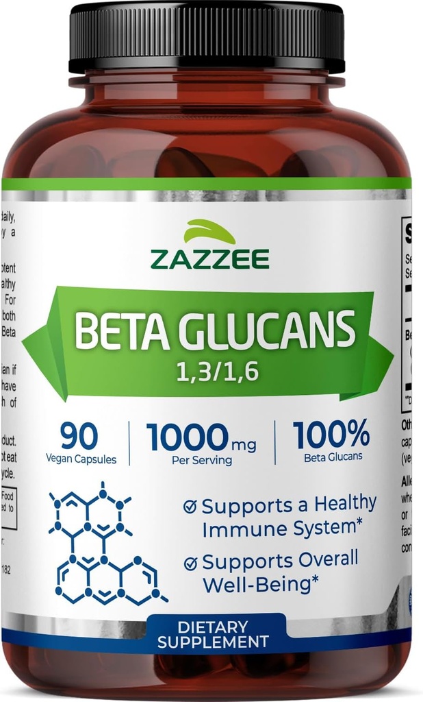 Zazzee Extra Strength 1,3/1,6 Beta Glucans, 1000 mg, 100% Concentrated, 90 Vegan Capsules, Supports a Healthy Immune System, 100% Vegetarian, All-Natural and Non-GMO