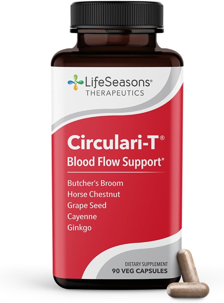LifeSeasons Circulari-T - Supplément de circulation sanguine - Soutiens Artère, capillaire et santé de la veine - Boucherie, Ginkgo, Cayenne, Graines de raisin et Châtaigne de cheval - 90 Capsules