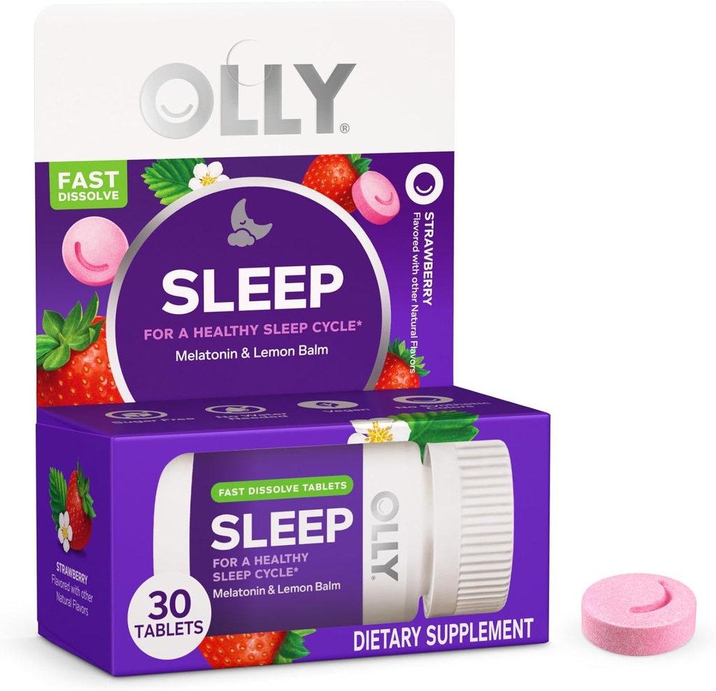 OLLY Dormez rapidement Dissolves, 3 mg de mélatonine, baume de citron, goût de fraise, 30 jours d'approvisionnement - 30 comtes