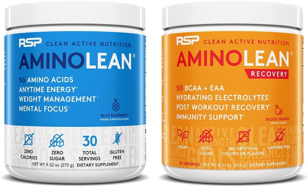 RSP NUTRITION AminoLean Pre Workout Energy (Blue Raspberry 30 Servings) with AminoLean Recovery Post Workout Boost (Blood Orange 30 Servings)