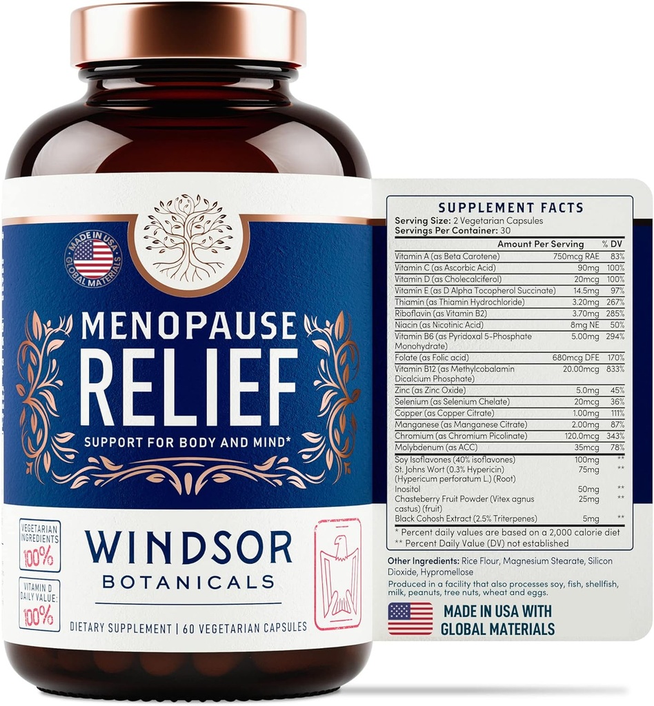 Suppléments à la ménopause pour les femmes - Windsor Botanicals Multivitamine avec Chastebrry, Black Cohosh pour les flashes chauds, le soulagement de la ménopause et l'équilibre hormonal pour les femmes - 60 pilules œstrogènes progestérones naturelles