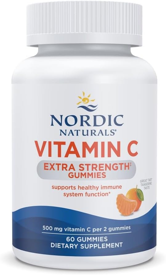Nordic Naturals Vitamine C Gommies extra-fort - Flaveur de Tangerine - 60 Gommies - 500 mg Vitamine C supplément végétalien - Immune à faible teneur en sucre - Soutien - 30 portions