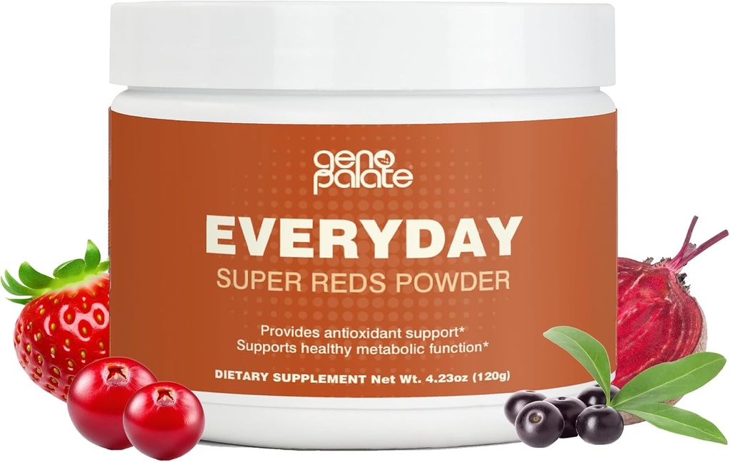 GénoPalate Everyday Super Reds, mélange de superaliments antioxydants avec racine de betterave, canneberge, Hibiscus, acai et probiotiques, energisant les polyphénols pour la santé cardiaque, cérébrale et digestive, végétalien, 30 portions