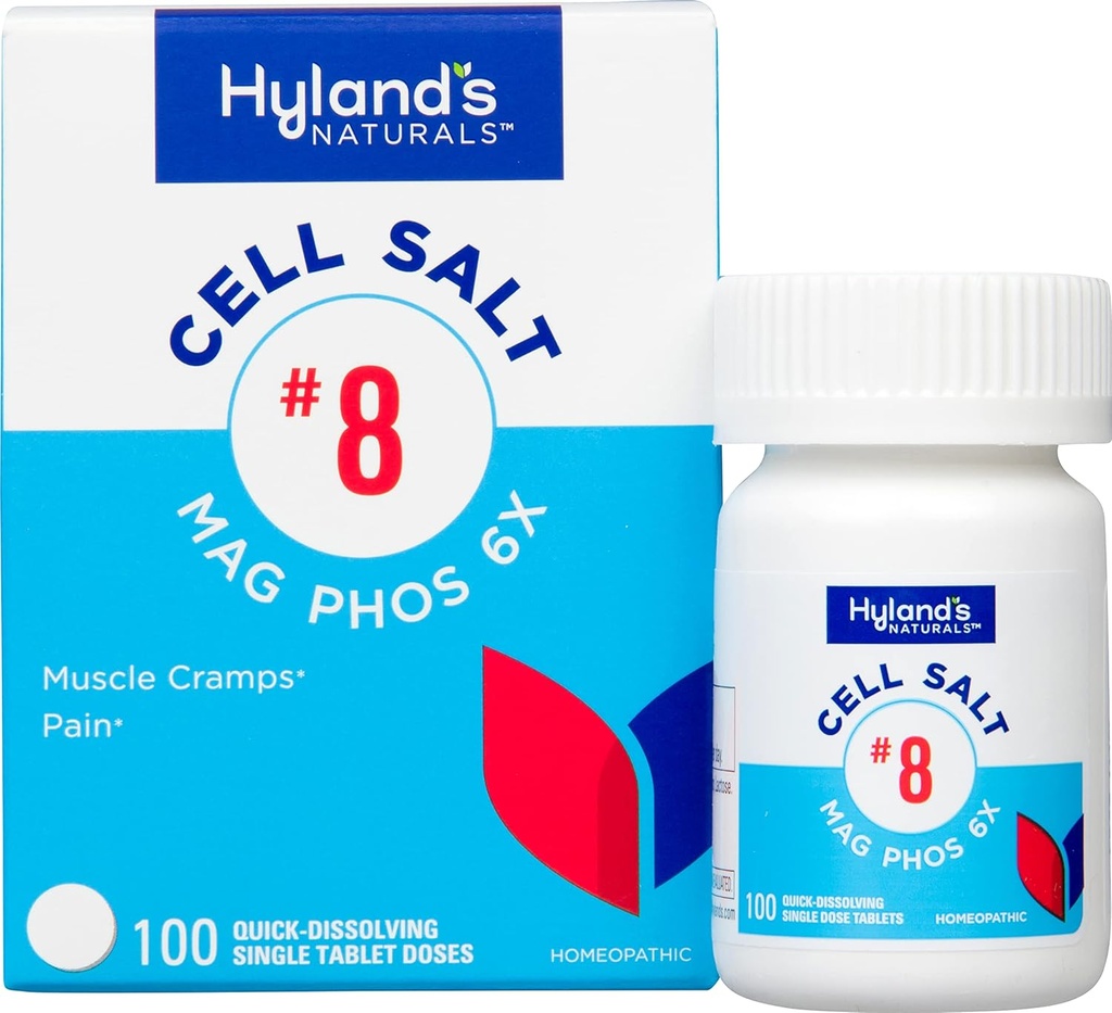 Hyland n° 8 Sel cellulaire Mag Phos 6X, SPM Relief, Soulagement homéopathique naturel de la douleur menstruelle et des symptômes du crampe musculaire, Relaxeur musculaire, Comprimés à dissolution rapide, 100 Compte
