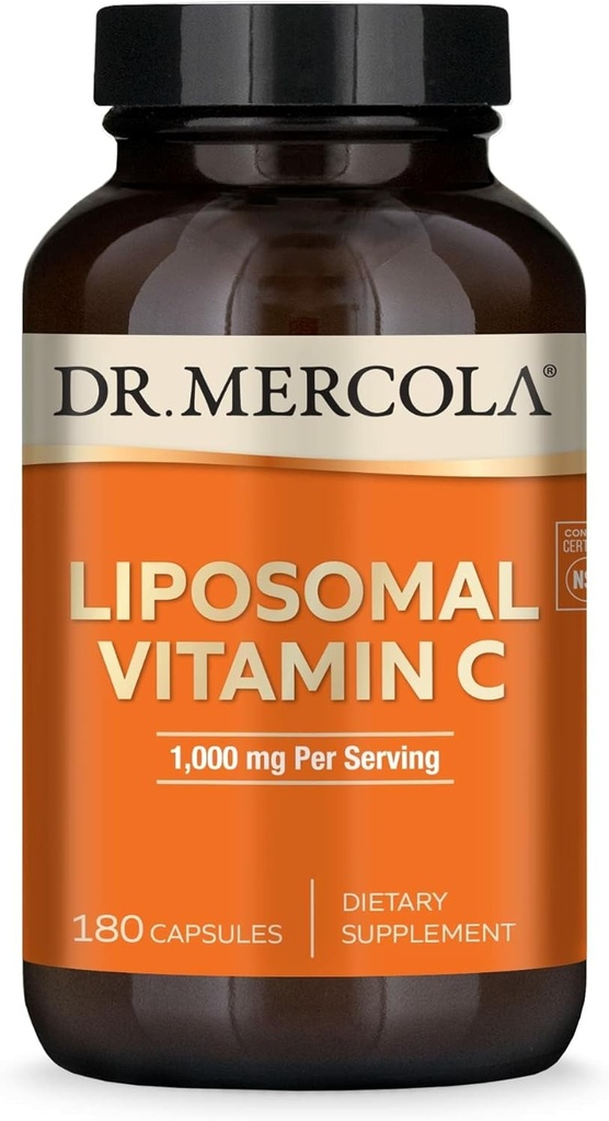 Dr Mercola Vitamine Liposomique C - Soutien du cerveau, du cœur, des yeux et des immunes - Fournit 1 000 mg de vitamine C biodisponible - Sans OGM, sans gluten et sans soja - 180 capsules (90 portions)