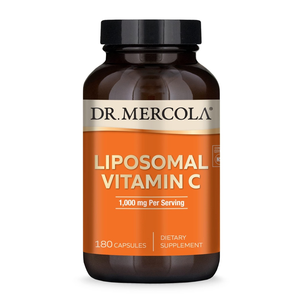 Dr Mercola Vitamine Liposomique C - Soutien du cerveau, du cœur, des yeux et des immunes - Fournit 1 000 mg de vitamine C biodisponible - Sans OGM, sans gluten et sans soja - 180 capsules (90 portions)