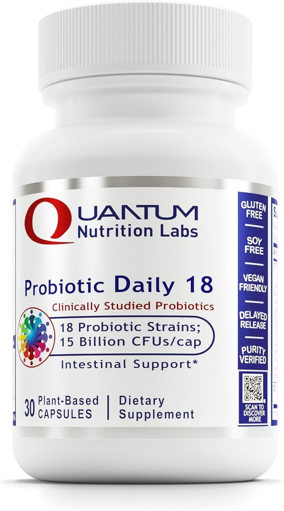Quantum Nutrition Labs Probiotique Daily 18 - Probiotiques pour la santé digestive, Probiotiques pour les femmes et les hommes avec Lactobacillus Acidophilus, Reuteri pour le microbiome git sain - 30 Capsules végétariennes