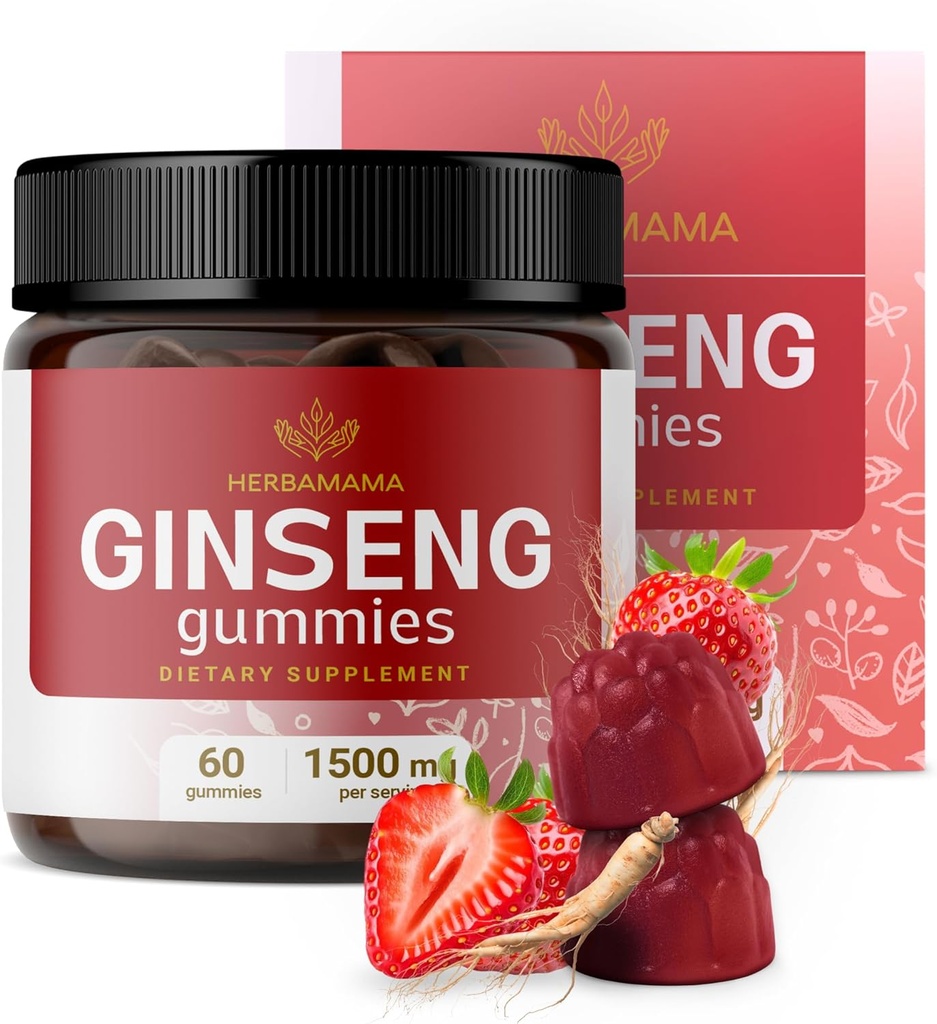 HERBAMAMA Panax Ginseng Gommies - 1500mg Coréen racine de ginseng rouge pour le soutien énergétique - Vegan, Non-OGM Red Panax Immune Supplément de soutien - 60 brochettes à base de pectine