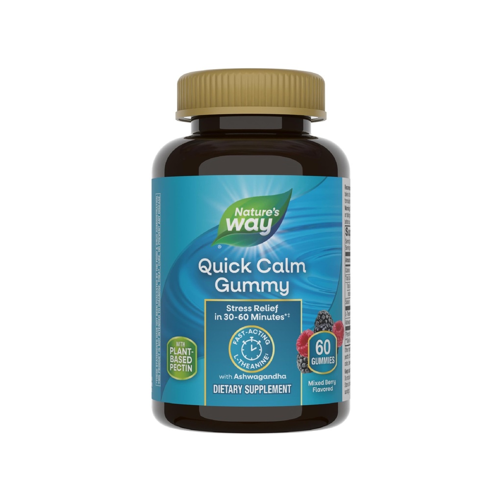 Nature's Way Quick Calm Gummies, L-Theanine for Relaxation*, Fast-Acting, Stress Relief from L-Theanine Dans les 30-60 minutes*, avec Ashwagandha, Végétarien, Mixed Berry Flavored, 60 Gummies