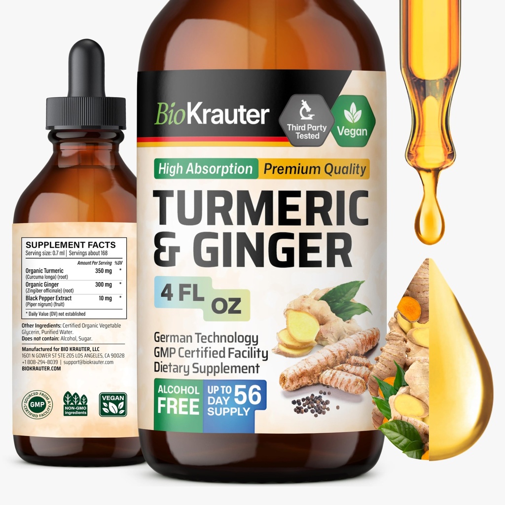 Supplément curcuma et gingembre BIO KRAUTER® - Teinture curcuma et gingembre liquide Végétalienne pure avec Pepper 4 Fl.Oz 56 jours d'approvisionnement - gouttes de curcumine pour le soutien de joint, antioxydant et immunitaire