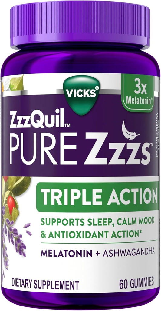 ZzzQuil PURE Zzzs Triple Action, Mélatonine Gommies, Mélatonine 6mg, Mélatonine 3X, Aide au sommeil avec Ashwagandha, Mood Calme, Action Antioxydante, Aide au sommeil pour les adultes, 60 Gummies