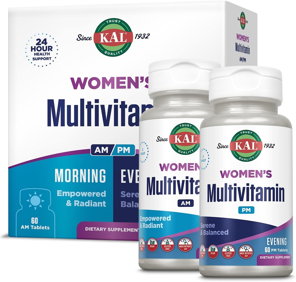 Multivitamines pour femmes KAL AM/PM, multivitamines 2-en-1 pour femmes avec Ashwagandha, Silica, Spiruline organique et GABA pour l'énergie cellulaire, la force osseuse, le soutien immunitaire, Vegan, 30 portions, 120 comprimés
