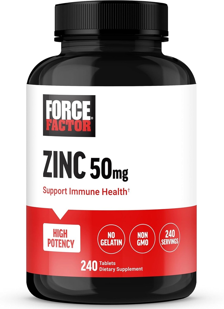 Facteur de force Zinc 50mg, suppléments de zinc avec poudre d'oxyde de zinc, gluconate de zinc et citrate de zinc pour le soutien immunitaire et la santé immunitaire, haute puissance, végétalien, sans gélatine, non-OGM, 240 comprimés