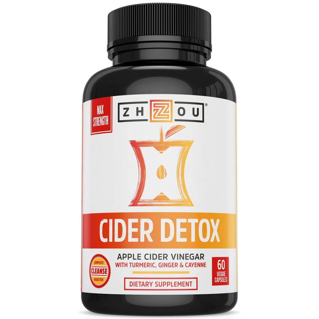 Zhou Cider Detox - Capsules de vinaigre de cidre de pomme avec mère, pilules de vinaigre de cidre naturel cru pour les femmes et les hommes, supplément complexe à base de plantes avec crème et poivre Cayenne - 60 Capsules Vegan