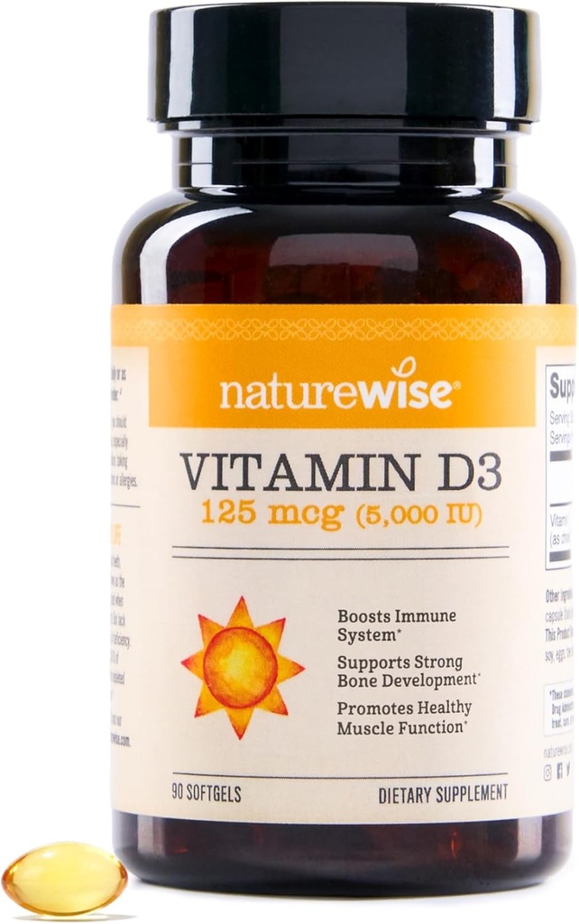 NatureWise Vitamine D3 5000iu (125 mcg) 90 jours d'approvisionnement pour le soutien immunitaire, la fonction musculaire saine et la santé des os - Non-OGM, sans gluten dans l'huile d'olive vierge extra biologique, (Mini Softgel), 90 Compte