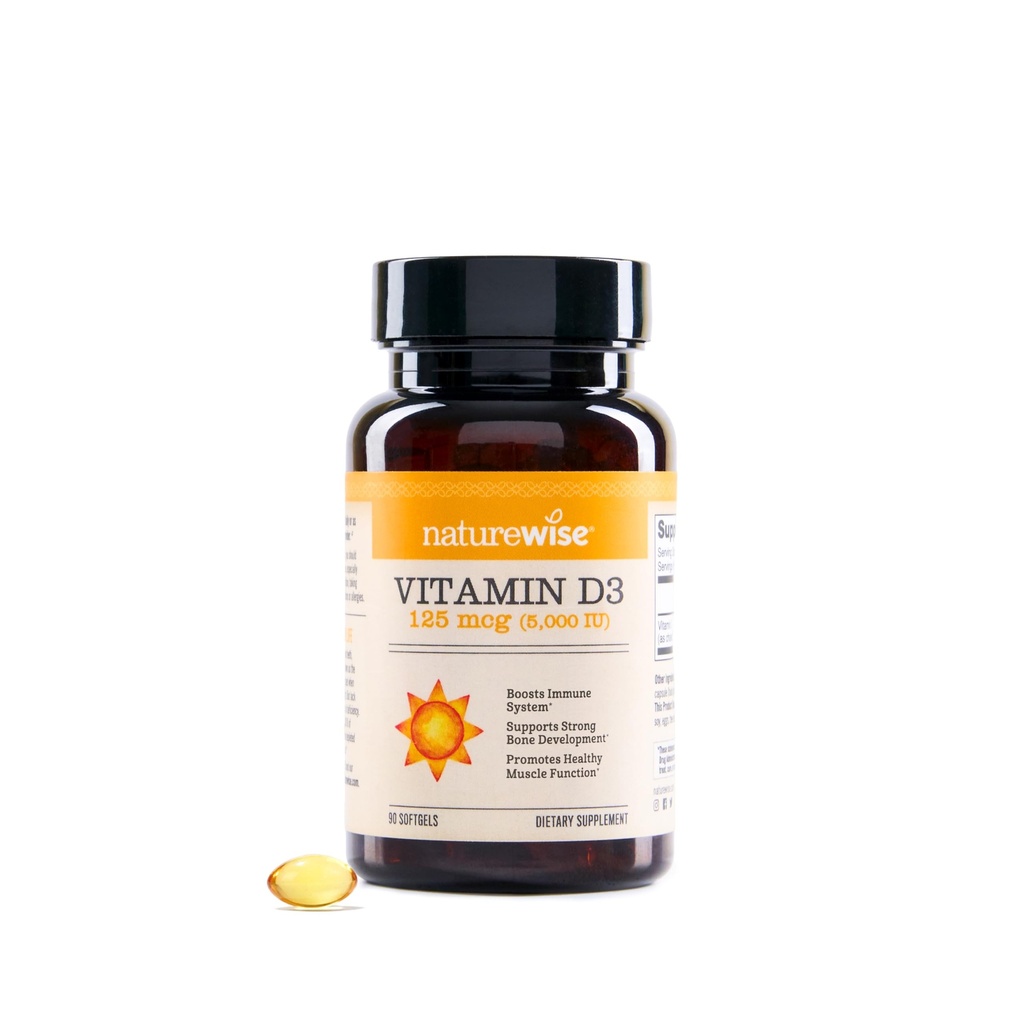 NatureWise Vitamine D3 5000iu (125 mcg) 90 jours d'approvisionnement pour le soutien immunitaire, la fonction musculaire saine et la santé des os - Non-OGM, sans gluten dans l'huile d'olive vierge extra biologique, (Mini Softgel), 90 Compte