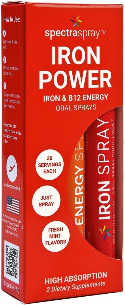 SpectraSpray Iron & B12 Kit de spray oral liquide à la vitamine - Le fer de qualité alimentaire comme minéral quotidien essentiel et B12. Vegan, sans gluten et très efficace, 30 jours d'approvisionnement par spray