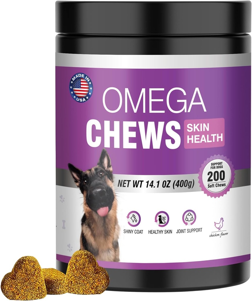 Omega 3 pour chiens Supplément de peau et de manteau pour chiens Allergie Mâcher Démangeaisons Peau Relief Huile de poisson Réapprovisionnement sec de peau Supplément d'huile de saumon 200 Comprimés