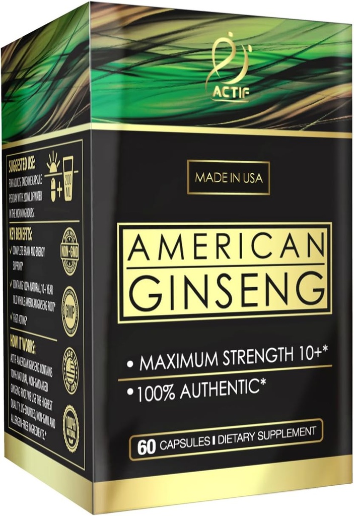 Actif Ginseng américain - 100% authentique Ginseng 10 ans, non-OGM, 500mg - Fabriqué aux États-Unis