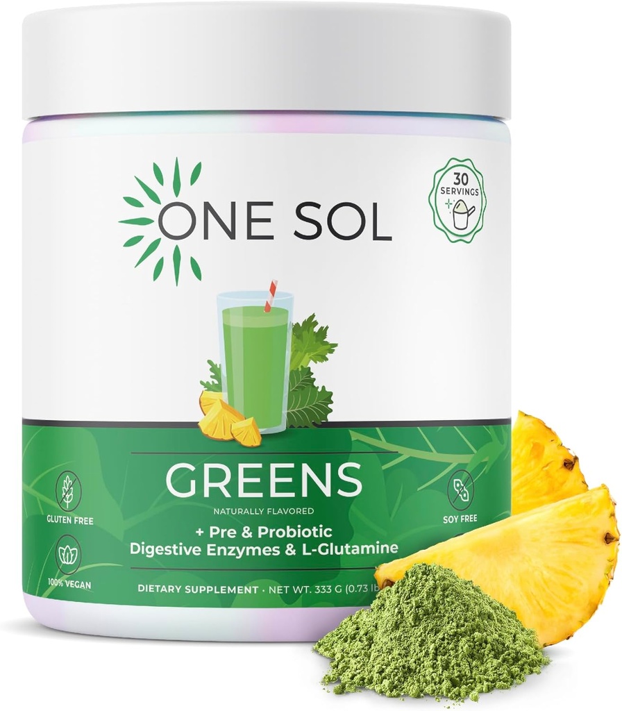 One Sol Greens, Super Greens Poudre pour réduire le bluff et améliorer la santé des Guts, Superfood frais Bloom Verts organiques Mélanger Jus et Smoothie Mix, Pré et Probiotique avec enzymes digestives, Vegan et sans soja