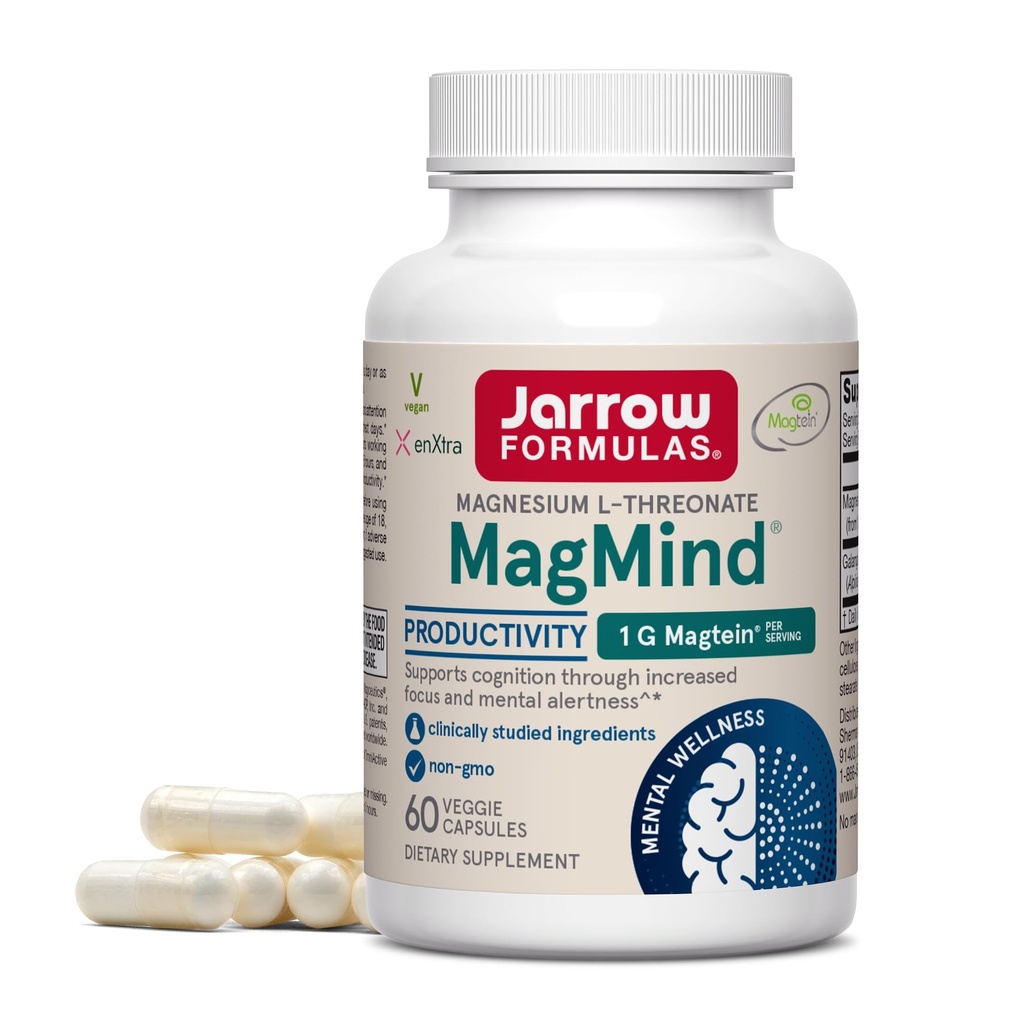 Formules de Jarrow Magnésium L-Thréonate, Productivité MagMind, Magnésium à haute absorption, Suppléments Cerveau pour Mémoire et Focus, 60 Capsules Veggie, jusqu'à 30 jours d'approvisionnement
