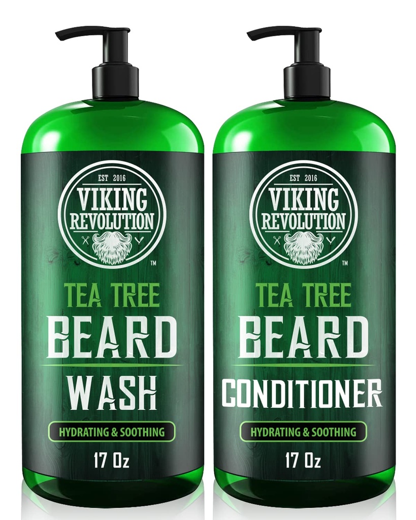Viking Revolution Tea Tree Oil Laver and Beard Conditioner for Men - Set d'adoucissement de barbe naturelle avec huile d'argan, vitamine E et ginseng - Ensemble de shampooing et de revitalisant de barbe (17 Oz)