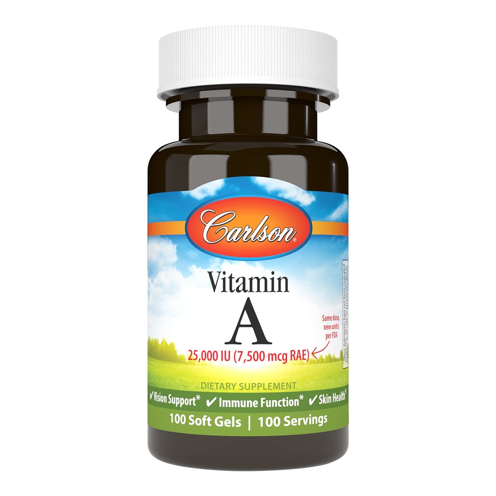 Carlson - Vitamine A, 25000 UI (7500 mcg RAE), Vision et santé de la peau, fonction immunitaire, 100 gels mous
