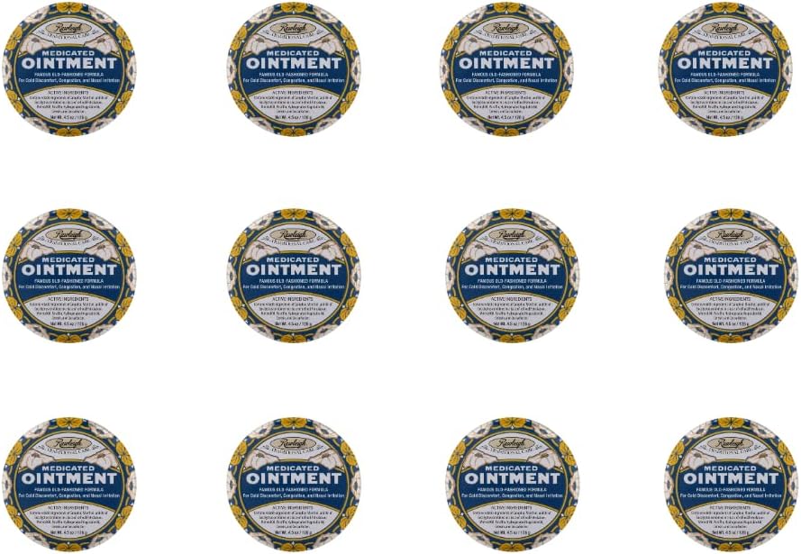 Rawleigh Onguent médicamenté: 4,5 oz d'étain bleu, rube thoracique topique pour la congestion froide, nasale, les douleurs mineures et la douleur, avec Camphor, Menthol et Eucalyptus, formule non grasse - Pack de 12
