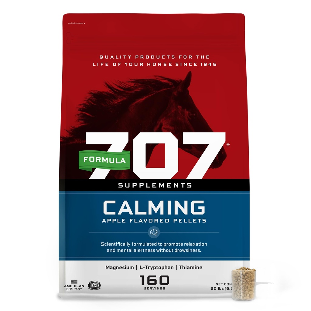 Formule 707 Supplément équine calmant 20LB Sac – 160 portions – Relief d'anxiété et accent amélioré pour les chevaux – L-Tryptophane, Thiamine & Magnésium