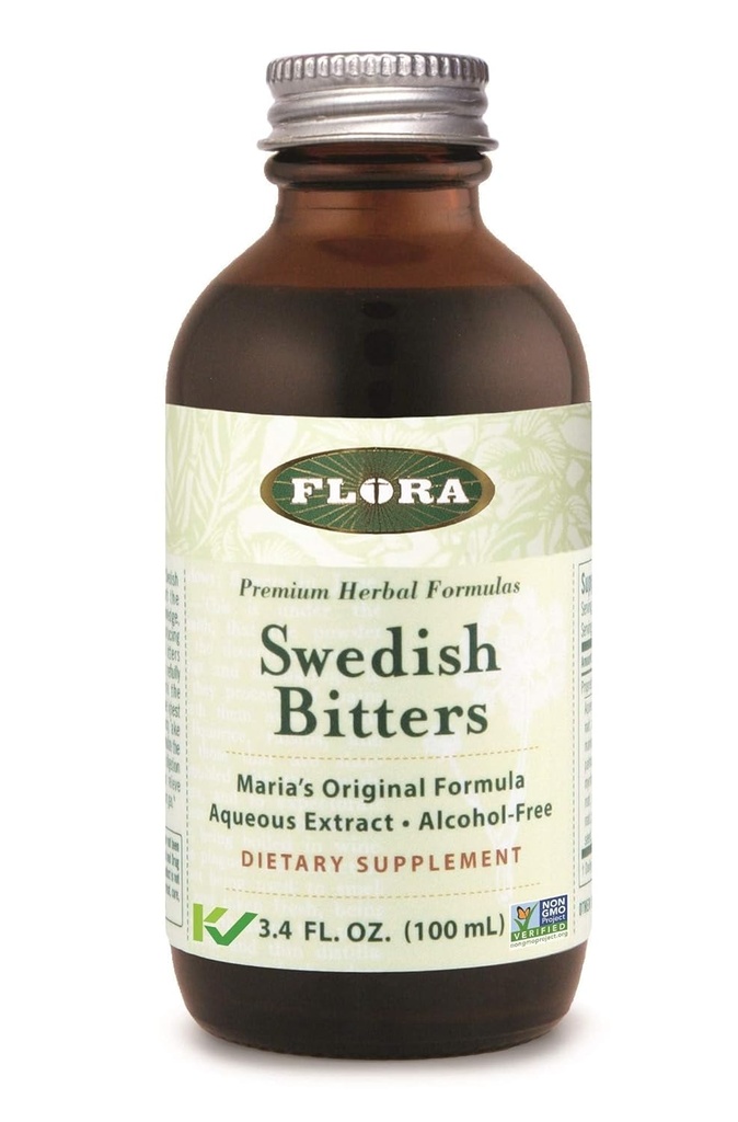 Flora - Swedish Bitters for Digestion, Alcohol-Free Bitters Help Bloating & Digestion, Maria's Original Formula Aqueous Extract, Vegan, Kosher, Non OGM, 3.4-fl. oz. Bouteille en verre