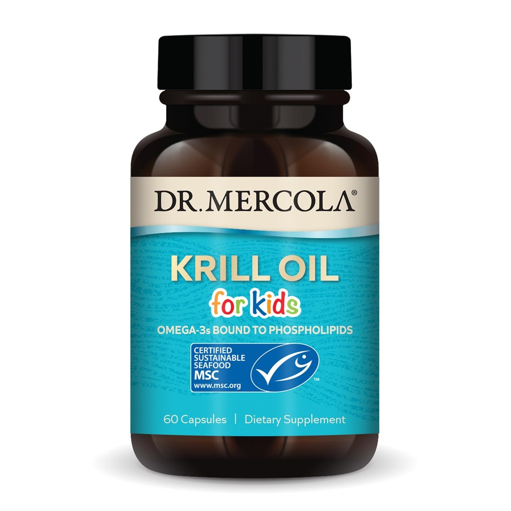 Dr Mercola Krill Oil for Kids - 320 mg Krill Oil - Certifié MSC - Soutienne le développement du cerveau et du corps - Phospholipide pour l'absorption - Non-OGM, sans gluten et sans soja - 60 capsules