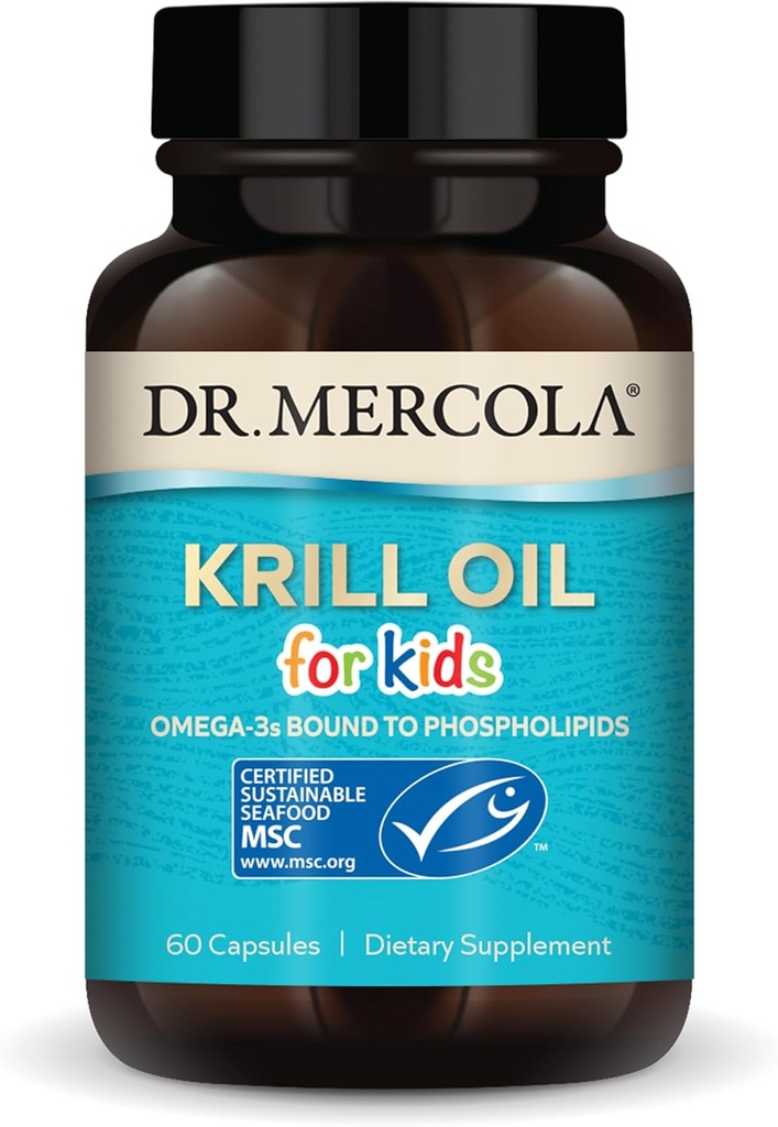 Dr Mercola Krill Oil for Kids - 320 mg Krill Oil - Certifié MSC - Soutienne le développement du cerveau et du corps - Phospholipide pour l'absorption - Non-OGM, sans gluten et sans soja - 60 capsules