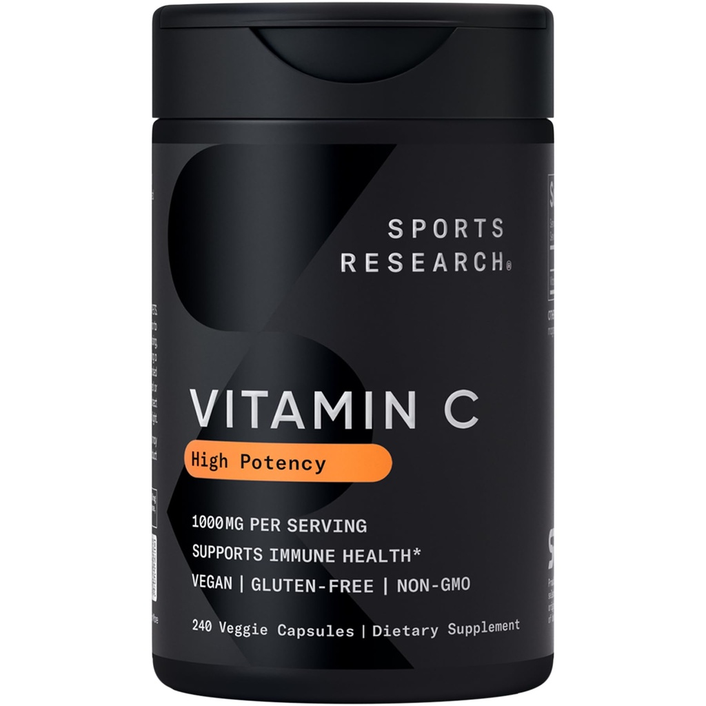 Recherche sportive Supplément de vitamine C à haute puissance - Capsules de légumes végétaliens pour l'activité antioxydante et le soutien immunitaire - Non-OGM Vérifié et sans gluten - Acide ascorbique Vitamine C 1000mg, 240 Compte