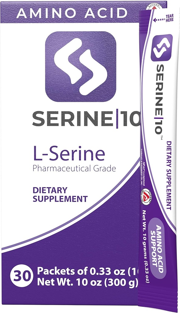 SERINE10 L-Serine Nootropics Packets - Soutien Santé cérébrale, Mémoire, Focus, & Production de Sérotonine, L-Tryptophane, & L-Cystine - 30 Packets en Poudre Pré-mesure avec 10 Grams (30000 mg)