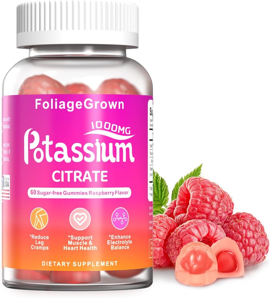 Supplément de potassium Gummies 1000mg - Supplément de potassium pour les crampes des jambes, la santé musculaire et cardiaque - Supplément d'un mois (60 Nombre)
