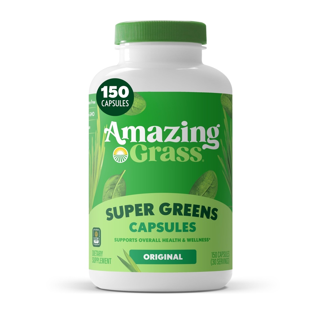 Amazing Grass Greens Blend Superfood Capsules: Super Greens avec Spiruline biologique, Chlorella, poudre de racine de betterave, enzymes et probiotiques digestifs, 150 Capsules (Packaging May Vary)