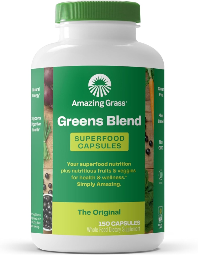 Amazing Grass Greens Blend Superfood Capsules: Super Greens avec Spiruline biologique, Chlorella, poudre de racine de betterave, enzymes et probiotiques digestifs, 150 Capsules (Packaging May Vary)