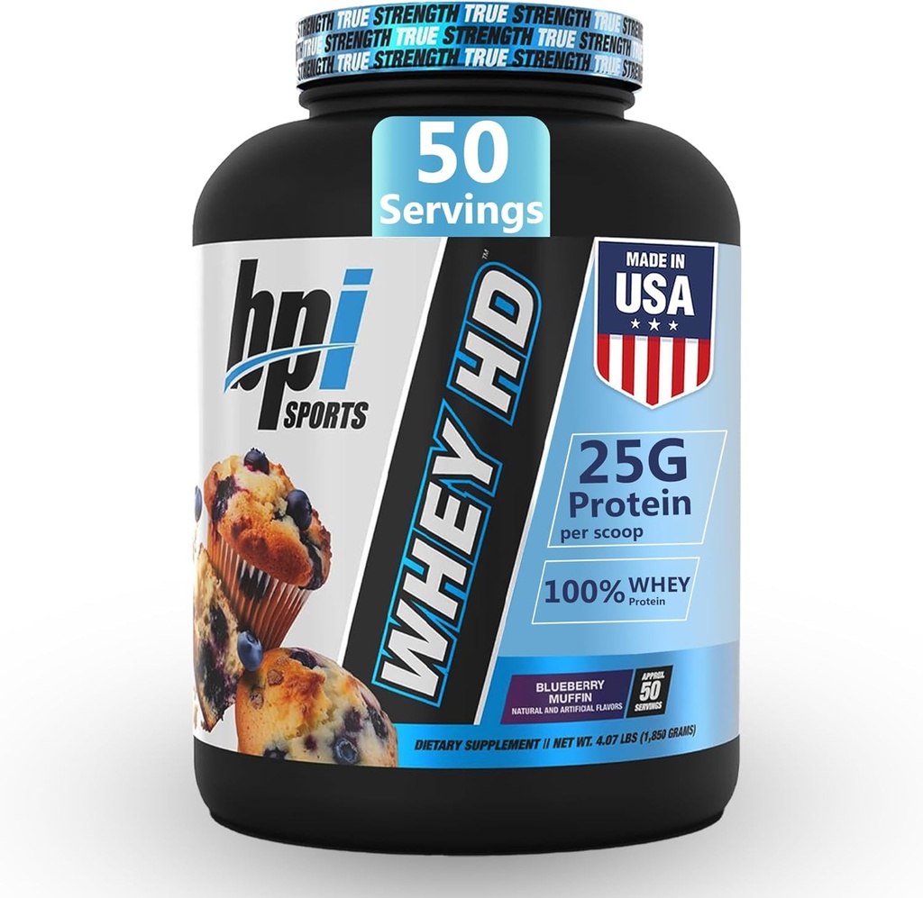 BPI Sports Whey HD Ultra Premium Protéines Poudre Isolée , Workout Whey Protéines Poudre pour les hommes et les femmes pour le gain musculaire , Lait Protéines Concentrés , Blueberry Muffin , 4.07 Livre