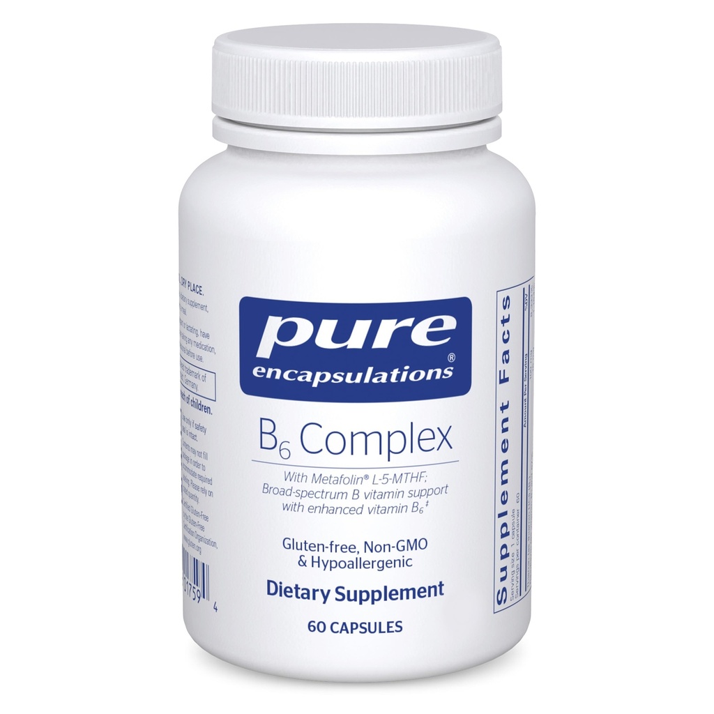 Encapsulations pures Complexe B6 - Soutient le système nerveux et la santé du cerveau* - Comprend des vitamines B - Contient de la vitamine enrichie B6 - Sans OGM et sans gluten - 60 capsules