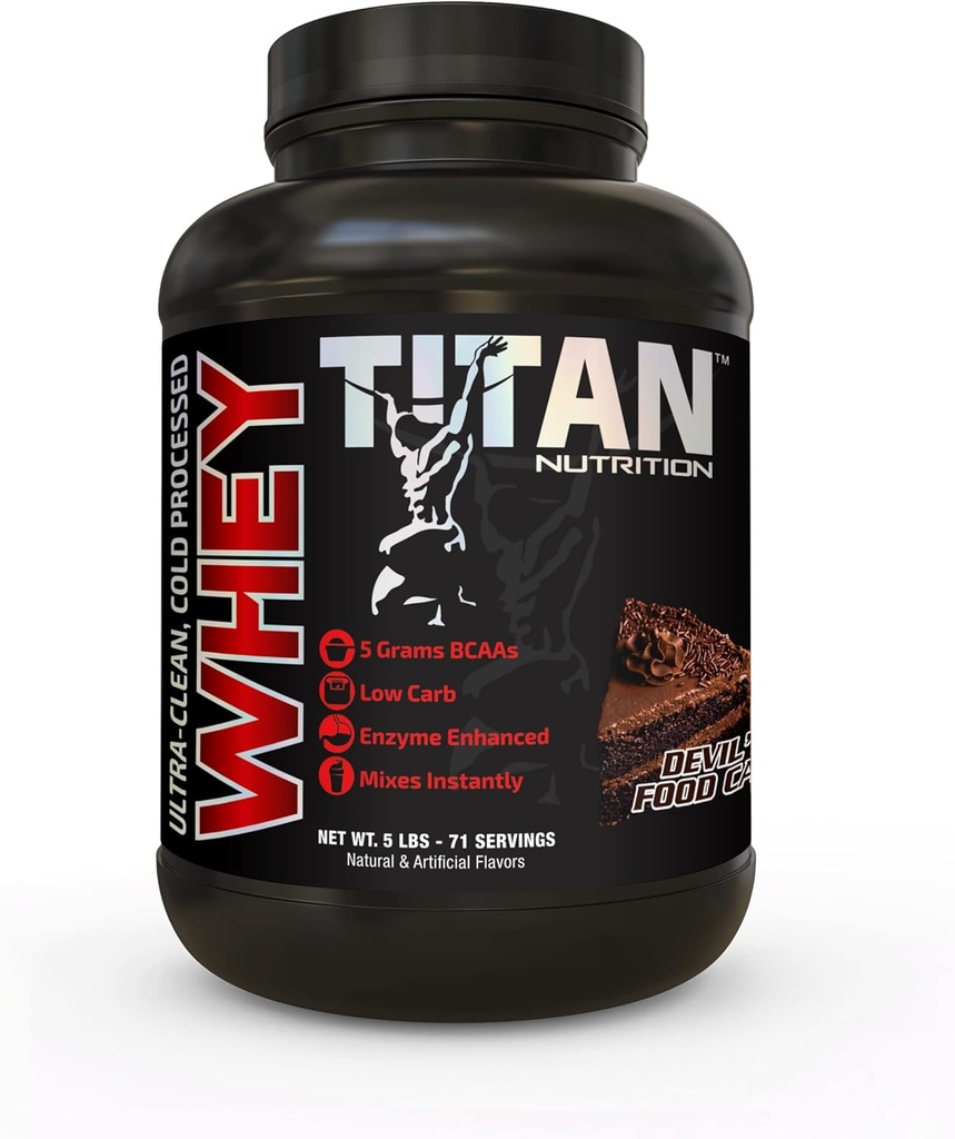 Poudre de protéines Titan Whey - Premium, absorption rapide Whey avec 23g de protéines, BCAAs, et enzymes digestives par service - supporte la masse musculaire maigre et la digestion optimale - 5 livres, gâteau alimentaire Devils