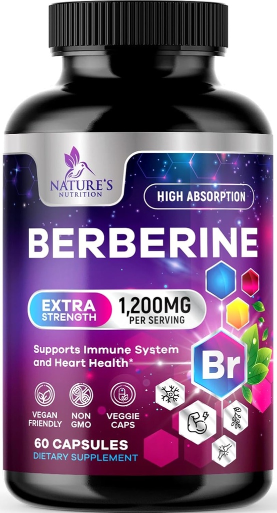 Supplément Berberine HCL 1200mg - Berberine HCI Capsules Supplément haute absorption pour la santé cardiaque et le soutien immunitaire, haute résistance, sans gluten, végétalien, non-OGM pilules - 60 Capsules Veggie