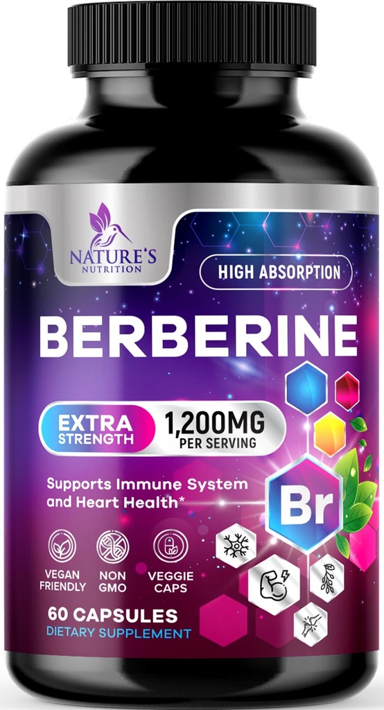 Supplément Berberine HCL 1200mg - Berberine HCI Capsules Supplément haute absorption pour la santé cardiaque et le soutien immunitaire, haute résistance, sans gluten, végétalien, non-OGM pilules - 60 Capsules Veggie