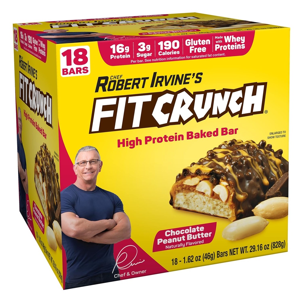 Barres protéinées de taille FITCRUNCH Snack, barre cuite à 6 plats, 3g de sucre et de noyau de gâteau doux (18 barres, beurre d'arachide)