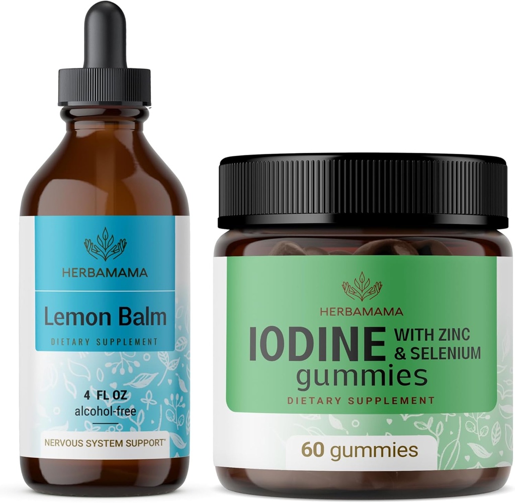 HERBAMAMA Lemon Balm and Iodine Kit - Ensemble de Lemon Balm Teinture 4 fl oz & Potassium Iodine Gummies - Vegan, non-OGM, sans alcool et sans gélatine - 2 Pack