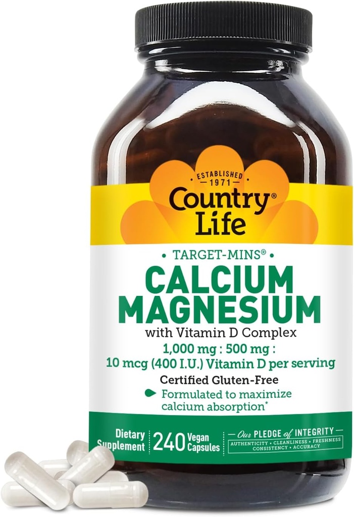 Country Life Cible-Mins Calcium Magnésium avec vitamine D-Complex, 1000mg/500mg/10mcg, 240 Capsules Vegan, Certifié sans gluten, Vegan certifié, Vérifié non-OGM