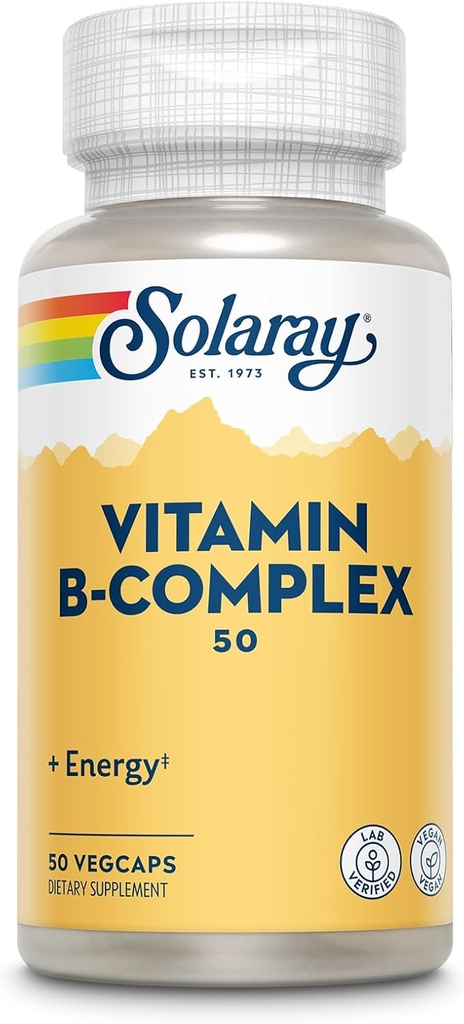 Solaray Complexe Vitamine B 50 mg - Vitamines d'énergie cellulaire - Métabolisme et soutien à la santé nerveuse avec vitamine B12, vitamine B1, B6, Niacine, acide folique, biotine et autres vitamines B - Vegan, 50 VegCaps